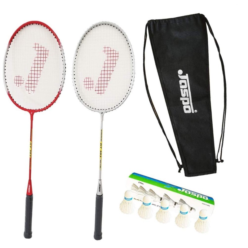 Jaspo GT 303 Intact Sliver/Red Badminton Set (2 Aluminum Badminton Racket , Feather Shuttle Cork,Carry Bag)